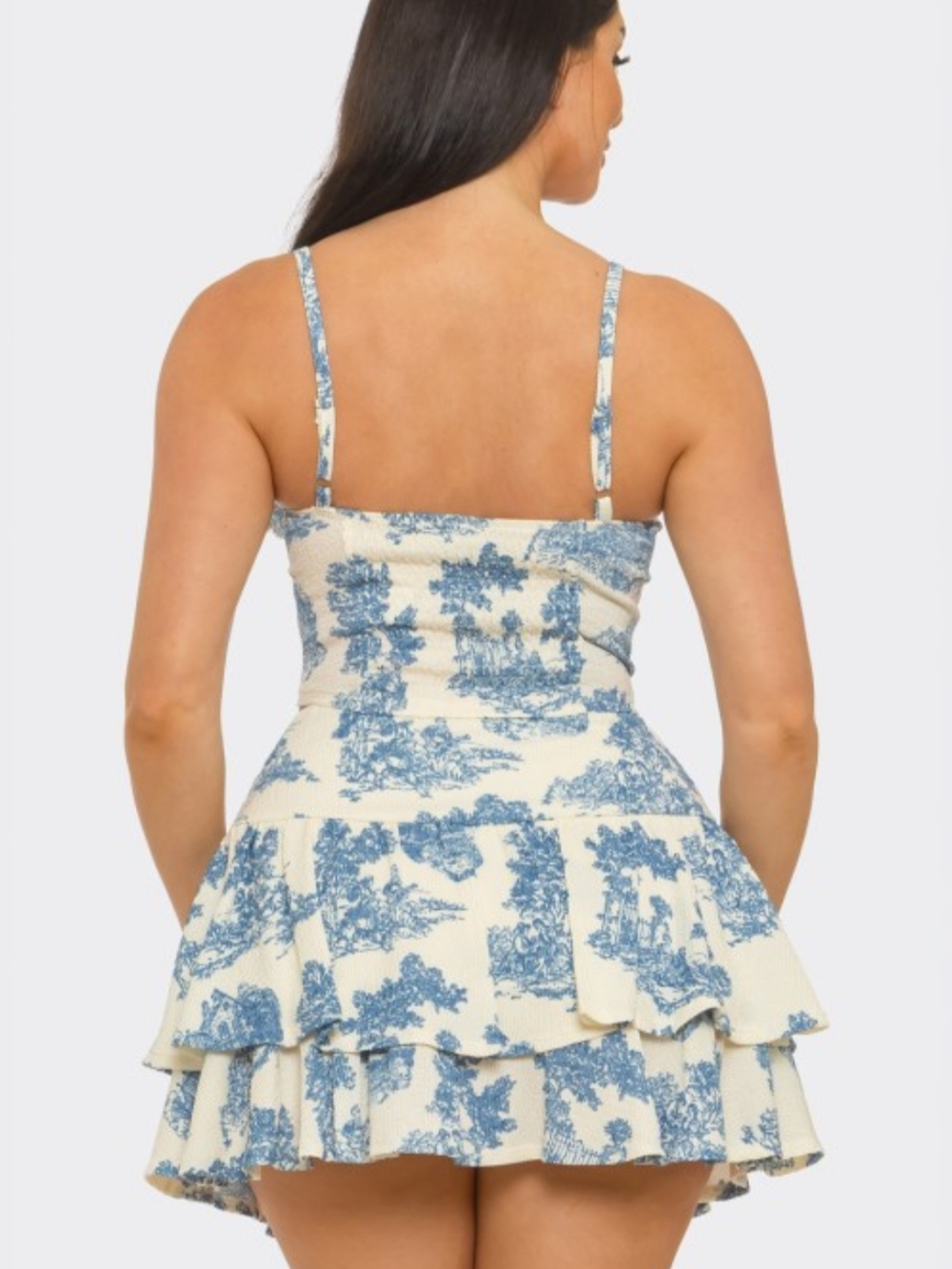 Blue Toile Print Corset Style Top & Tiered Skirt Set - Picture 4 of 5